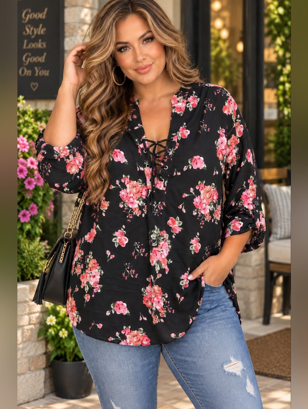 Justify Black Pink Floral Lace-Up Roll Tab Tunic Plus 3X Blouse